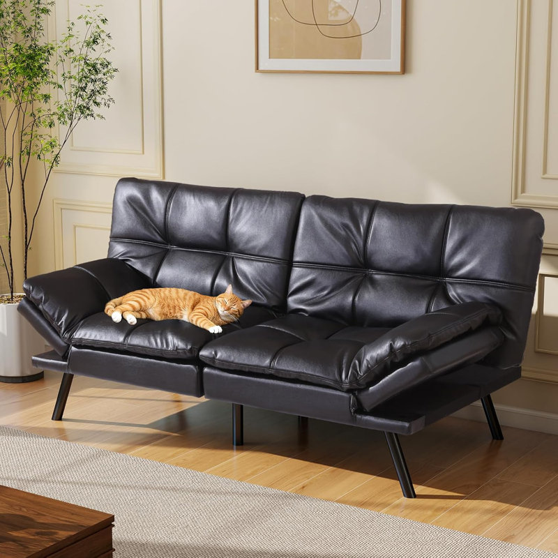 Multifunctional Upholstered Sofa Bed With Adjustable Armrests And Reclining Backs, Faux Leather, Black