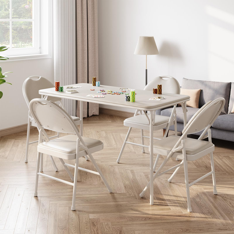5-Piece Card Table Set,Folding Card Table And Chair Set Of 5 Portable With Padded Tabletop, Beige, Grey