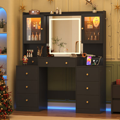47.24" Vanity Desk With Lighted Mirror, Tempered Glass Top, Power Outlet, 8 Drawers, And 2 RGB Lighted Cabinets