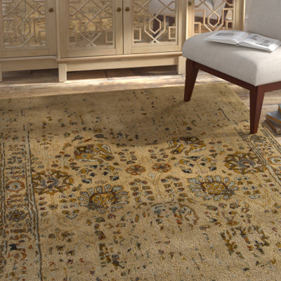 Doniesha Authentic Hand-Tufted Handcrafted Tan, Ivory, Gold, Cream, Blue, Orange & Beige Distressed Oriental Wool Area Rug