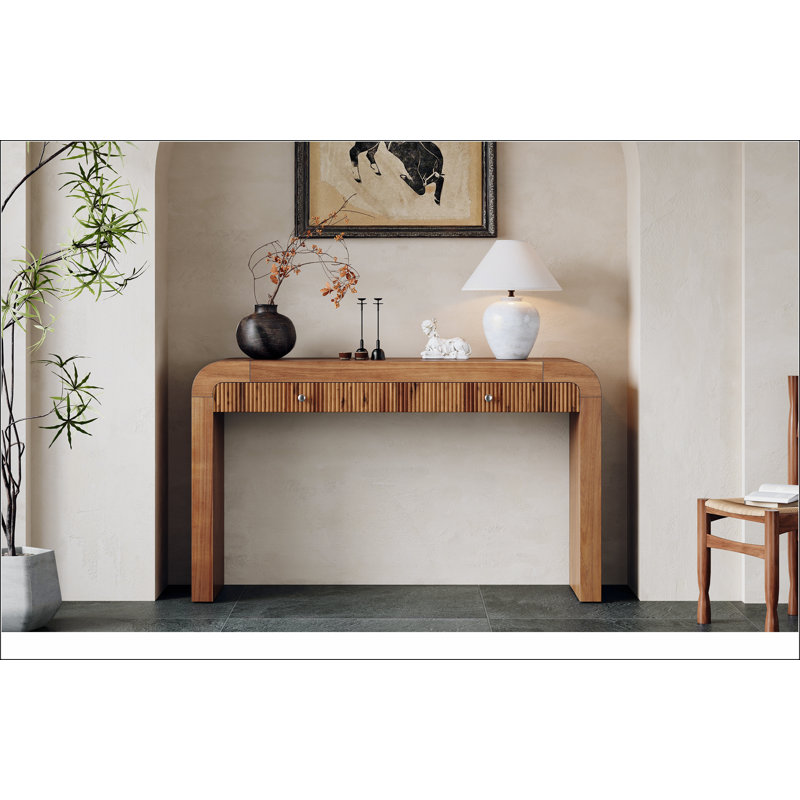 Console rustique avec façade de tiroir cannelée, table d'entrée avec coins courbés et pieds épais, table de canapé robuste pour le couloir et le salon