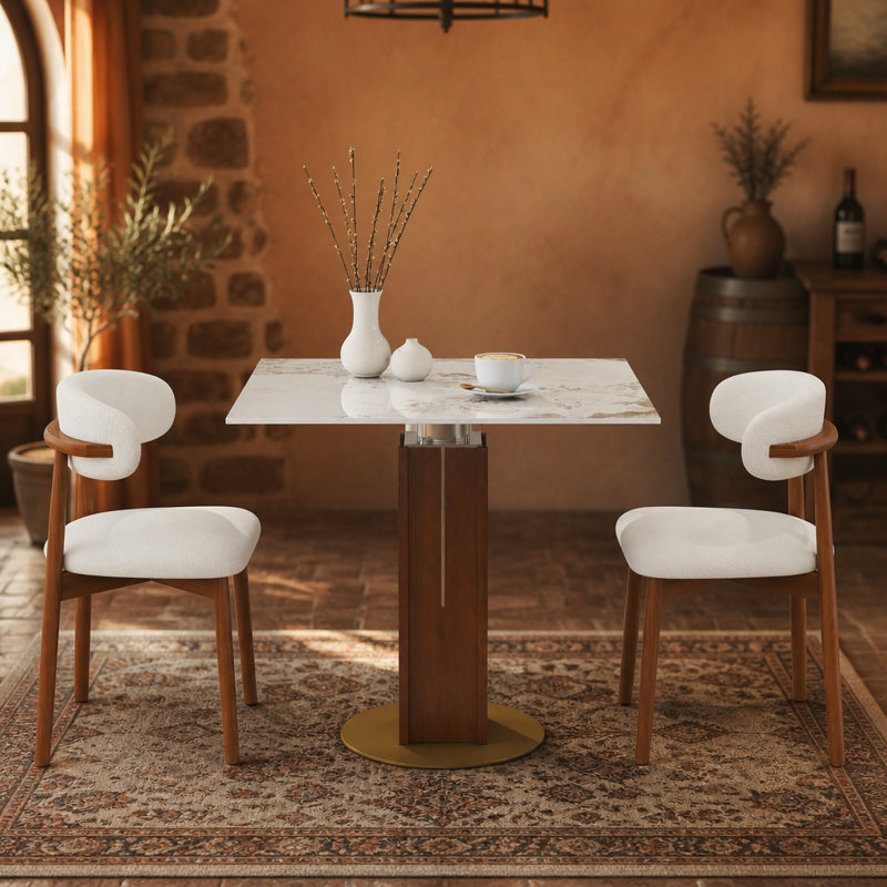 Rock Plaque de roche carrée de 850 mm, bureau Pandora de 12 mm, pilier en noyer, base de quincaillerie dorée, table de cuisine pour 2 personnes pour un petit espace, capacité de poids de 150 lb (seulement la table de Négociation)
