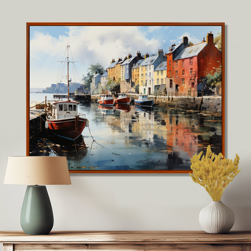 «Ireland Peaceful Harbor Villagean», art mural Irlande, H 12 po x l 20 po x P 1 po, Cadre flottant brun