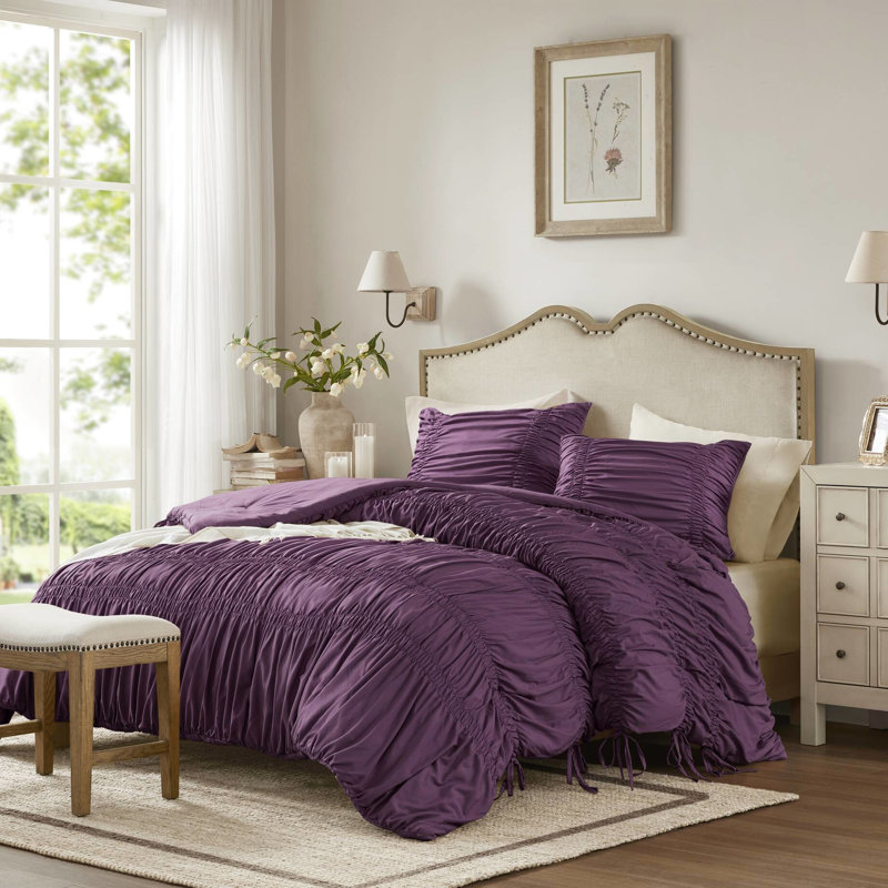 Twin/twin Xl Comforter In Purple, Shabby Chic Style With Ties, Lightweight For All Seasons, Easy Care 2pcs Purple , Pre-washed Microfiber, All Comfort Design And Machine Washable
