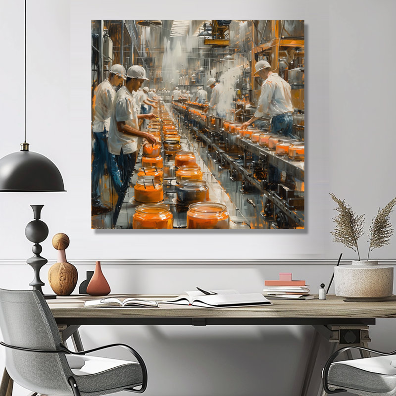 Orange blanc, ligne d'assemblage, usines I - usines, art mural, Toile encadrée noire simple, H 16 po x l 16 po x P 1 po