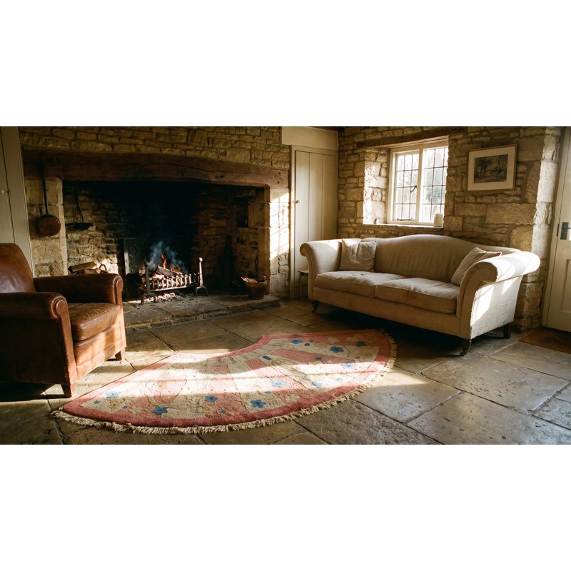 Oval 1920s Hand Knotted Pile Wool Coral / Salmon Pink Antique Rug