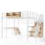 Lit mezzanine double avec bureau intégré, lit mezzanine en métal avec escalier, tiroirs et rangements, gain de place, blanc-420380058-420380056