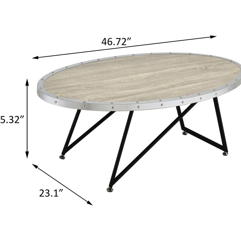 Table basse en chêne vieilli et métal noir patiné, forme ovale pour table de salon élégante avec base