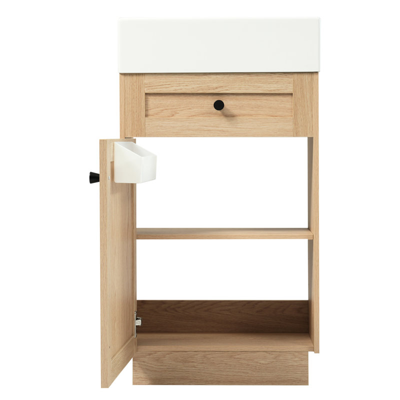 Meuble-lavabo de 18,5 po au design rustique avec lavabo en résine réversible, armoire intégrée, tablette intérieure réglable pour une utilisation pratique, poignées en métal élégantes, surface en grain de bois, fonctionnalité à fermeture en douceur