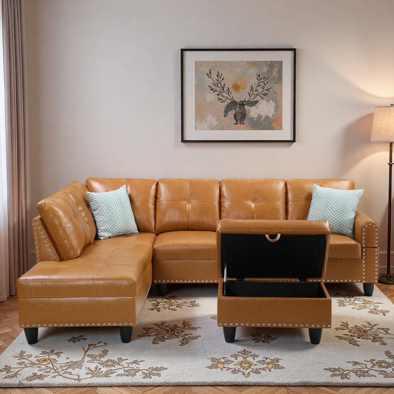 Canapé modulaire en L en similicuir avec garniture cloutée, porte-gobelets et repose-pieds avec rangement