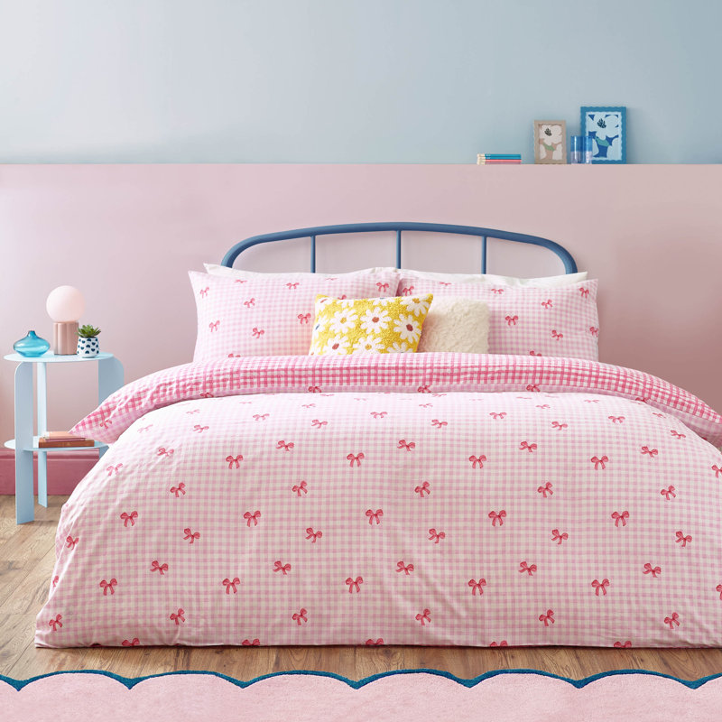 Gingham Bows Polyester Gingham Duvet Cover Set with Pillowcases, Double Duvet Cover Set + 2 Pillowcases