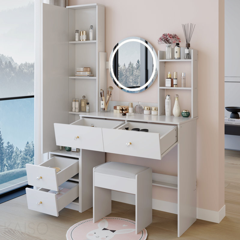 Armoire à miroir pleine grandeur + coiffeuse ronde à miroir + tabouret rembourré, miroir à DEL de 17 po de diamètre, commande tactile, 3 couleurs, luminosité réglable, grand bureau, rangement multicouche de grande capacité