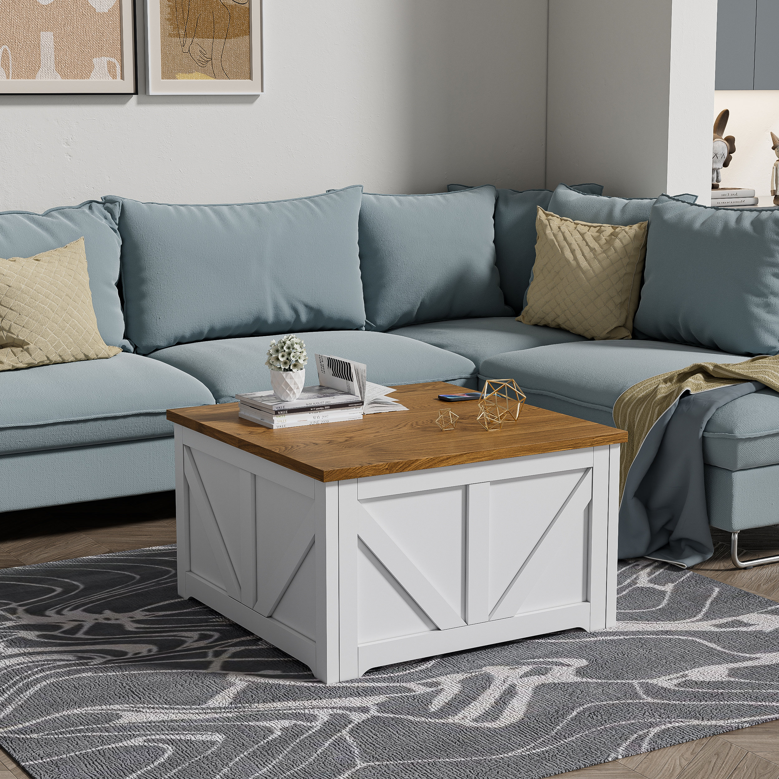 Gracie Oaks Farmhouse Lift Top Coffee Table, Square Wood Centre Table ...