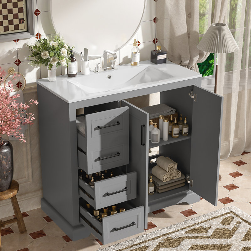 Meuble-lavabo avec tablette réglable et 3 tiroirs, Gris