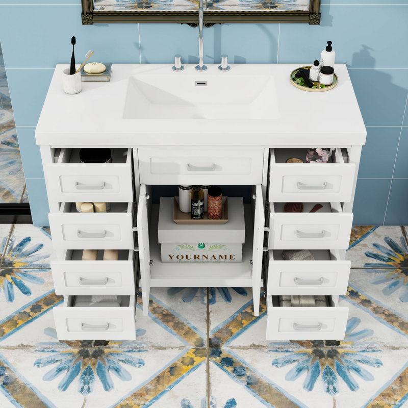 Meuble-lavabo avec lavabo, 8 tiroirs et 2 portes, Blanc