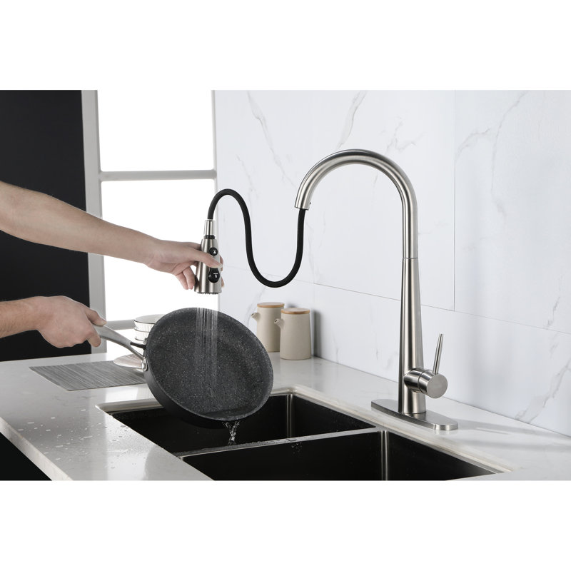 Kitchen Sink Faucet Single Handle Pull Down , Stainless Steel Material, Brushed Nickel Finish, 360 Rotating High Nozzle, Three Water Output Types For Work, Lever Management, Rust Surface Treatment
