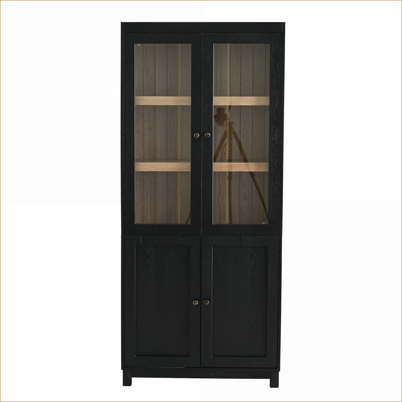 Armoires | 74,5 "H Mid-Century Bibliothèque moderne | Tablettes réglables, portes en verre trempé, grain de bois de frêne noir | Bois aggloméré | Salon