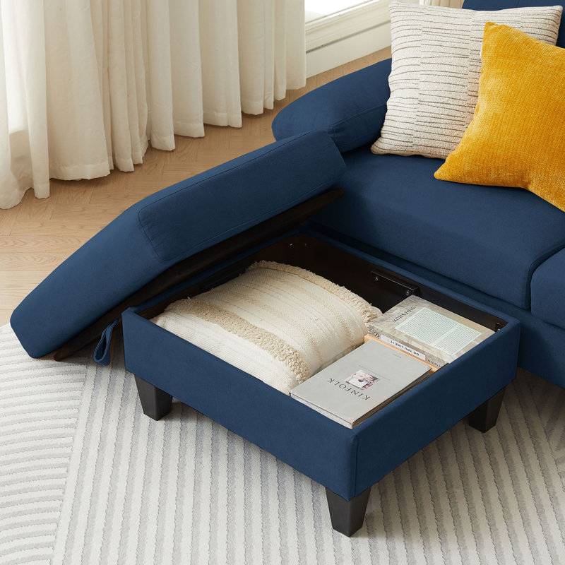 Canapé modulaire en forme de L 82,66 po avec repose-pieds amovible et sacs de rangement latéraux, 100 % lin bleu