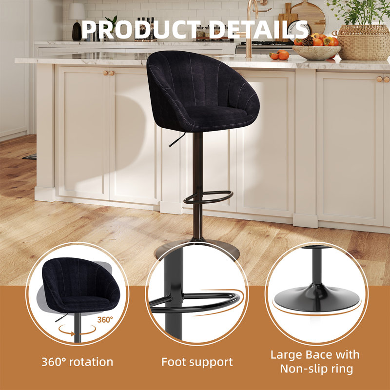 Swivel Upholstered Adjustable Height Bar Stool, Black/Velvet