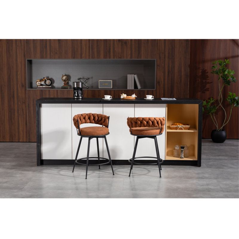 24" Counter Height Bar Stools Set of 6 - 360° Swivel with Suede Fabric & Modern Woven Design, Backrest & Footrest for Kitchen Cafe Pub