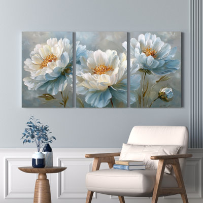 Floral Peony Canvas Wrapped Wall Art Set Of 3 For Living Room Bedroom Home Decor