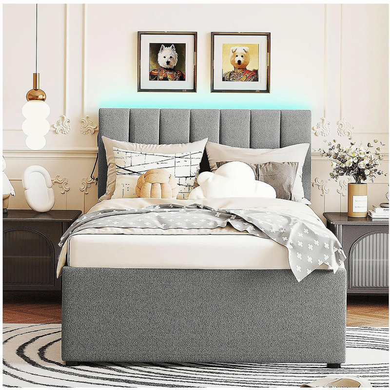 Lit plateforme à plateau-coussin double Teddy, Gris