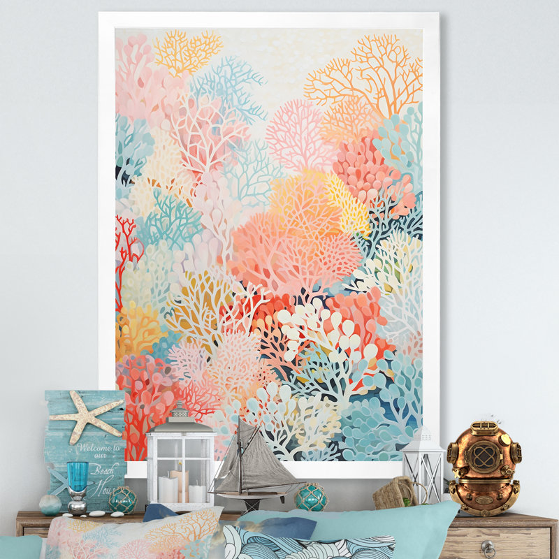 Décoration murale Coral Reef Barrier - Coastal Coral Under Water, H 20 po x l 12 po x P 1 po, Cadre simple blanc