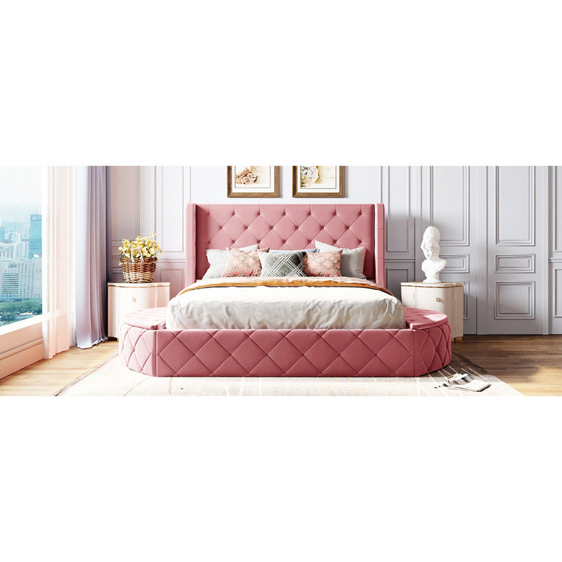 Grand lit de rangement rembourré avec tête de lit à oreilles et velours de qualité, tête de lit, 1 grand tiroir et 2 côtés (rose)