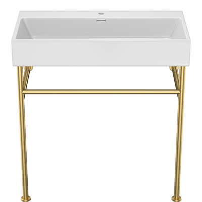 Lavabo de salle de bain en céramique 30 "avec trop-plein, cuve blanche et pieds dorés enchanteurs - console de construction et brillant
