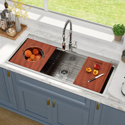 45x22 Inch Workstation Sink Drop In Stainless Steel 16 Gauge Single Bowl Kitchen Sinks with Mixing Bowls