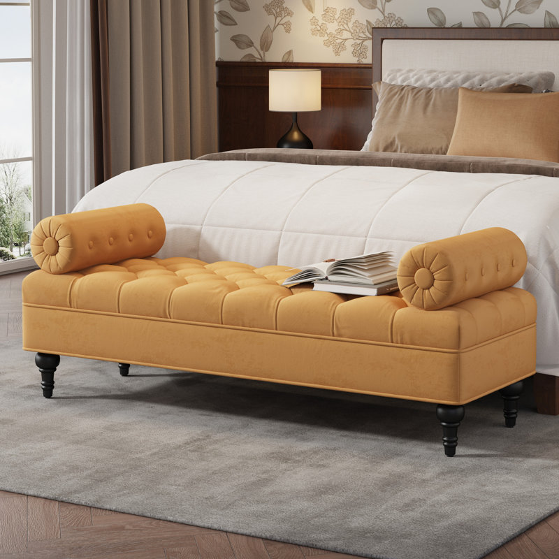 Repose-pieds jaune moderne, banc rembourré en velours avec 2 coussins amovibles, bout de lit, style élégant, design de construction,