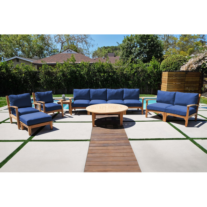 Huntington Outdoor 7 - Piece Teak Conversation Set, Table, Deluxe SF, LS, Ottoman, 2 Chairs, E-Table, Sapphire