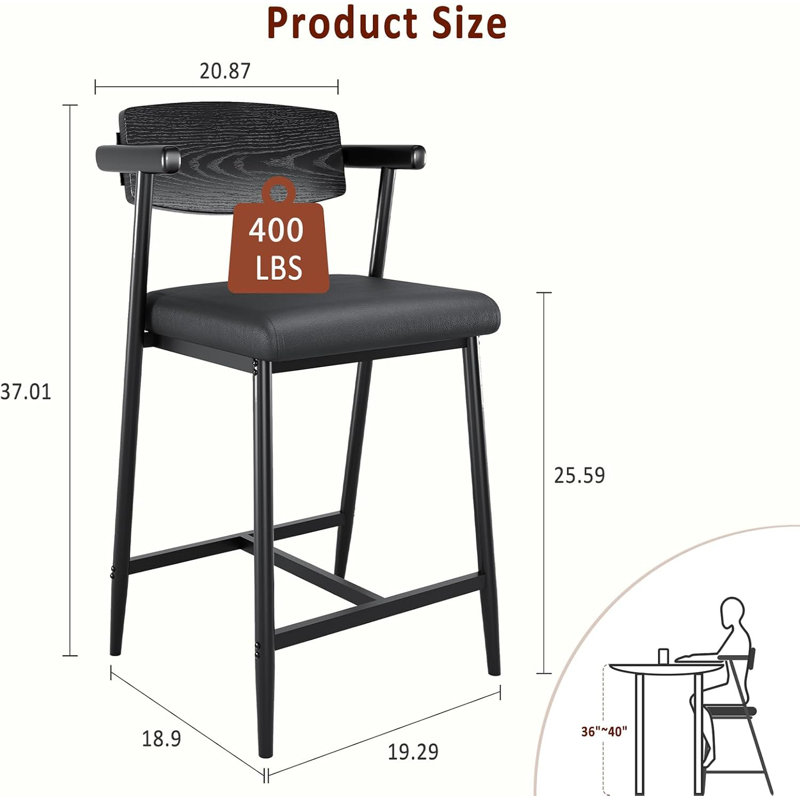 Ensemble de 2 tabourets de bar 26 po à hauteur de comptoir avec accoudoirs, ensemble de tabourets de bar modernes avec dossier et siège rembourré plus large, tabourets de bar en métal avec repose-pieds pour îlot de cuisine, assemblage facile