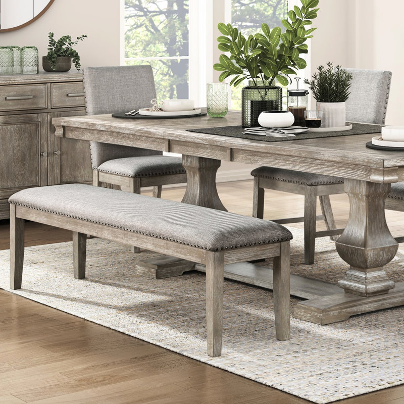 Banc de salle à manger avec esthétique traditionnelle, siège en lin gris, garniture cloutée, cadre brun en bois, profondeur d'assise de 16,5 po, banc rustique de 63,5 po de largeur, revêtement massif, hauteur de 20 po