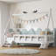 Structure de lit simple avec garde-corps et escabeau, lit plateforme en bois massif-748427314