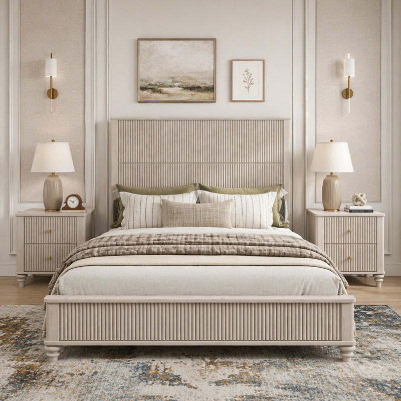 Ensemble de chambre à coucher 3 pièces avec grand lit et 2 tables de chevet, Beige, Grand lit