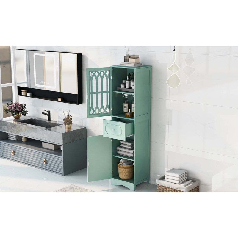 63.8" Freestanding Linen Cabinet With Acrylic Door & Adjustable Shelf & Drawer, Tall Bathroom Cabinet, Wood Storage Cabinet For Living Room Kitchen Office