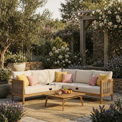 CROWNE 4-PCS SOFA CONVERSATION SET W/ BEIGE CUSHION, TEAK