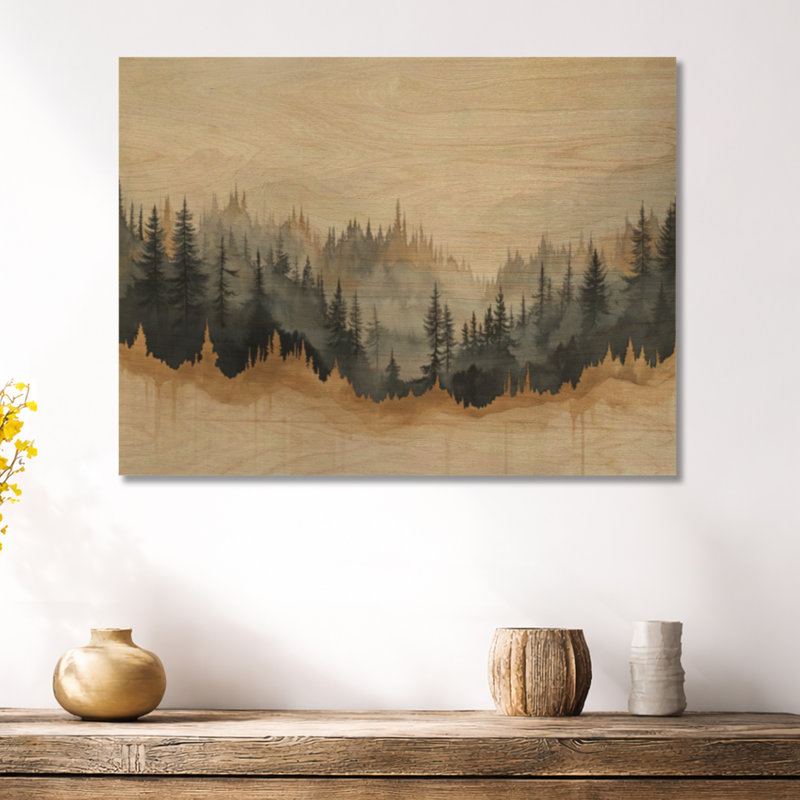Forêt de pins brumeuse dorée II - Impression d'art mural en bois de conifères, H 24 po x l 32 po, Rectangulaire