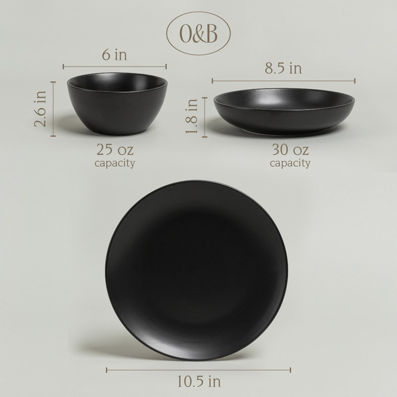 over&back Coupe 12-Piece Semi Hand-Finished Stoneware Dinnerware Set, Black