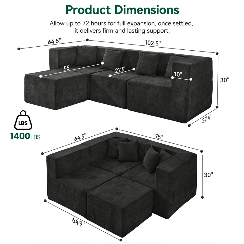Modern Minimalist Boneless L-Shaped Cloud Modular Sectional Sofa with Ottoman and Pillows, Deep Seating, Black Chenille