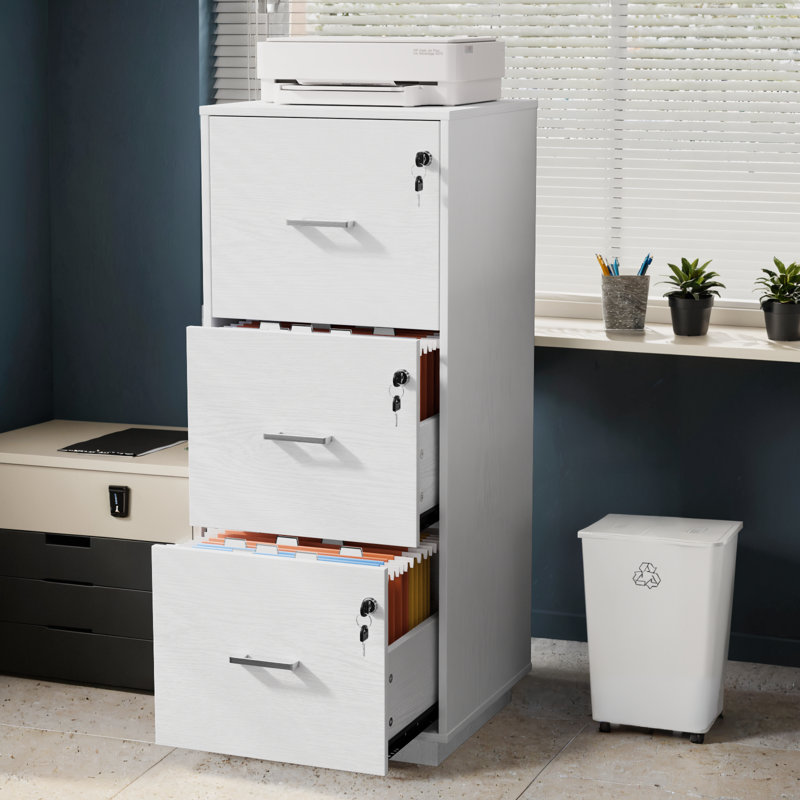 Wooden 3 Drawers File Cabinet With Lock 38.58"H, White