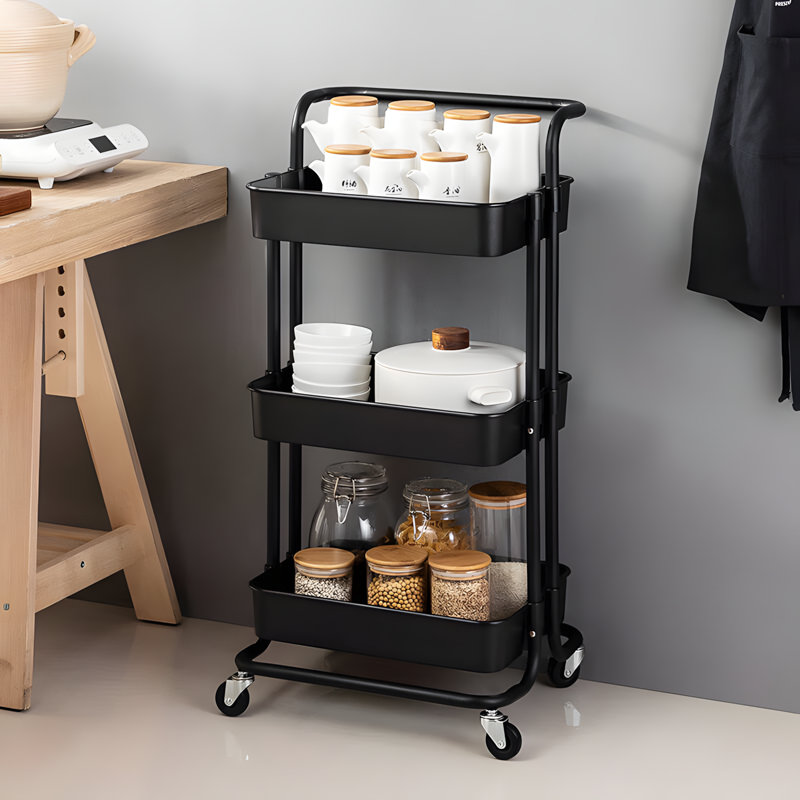 3-Tier Kitchen Storage Rack With Pull-Out Baskets, Adjustable Cabinet Organizer For Efficient Space Utilization, Black