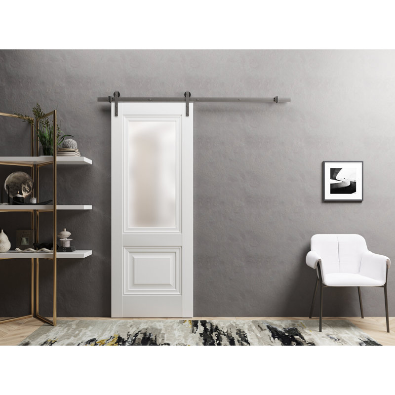 Porte de grange robuste | Soie blanche Lucia 8822 avec verre givré | Ensemble de quincaillerie lourde 6,6 pi | Portes intérieures solides