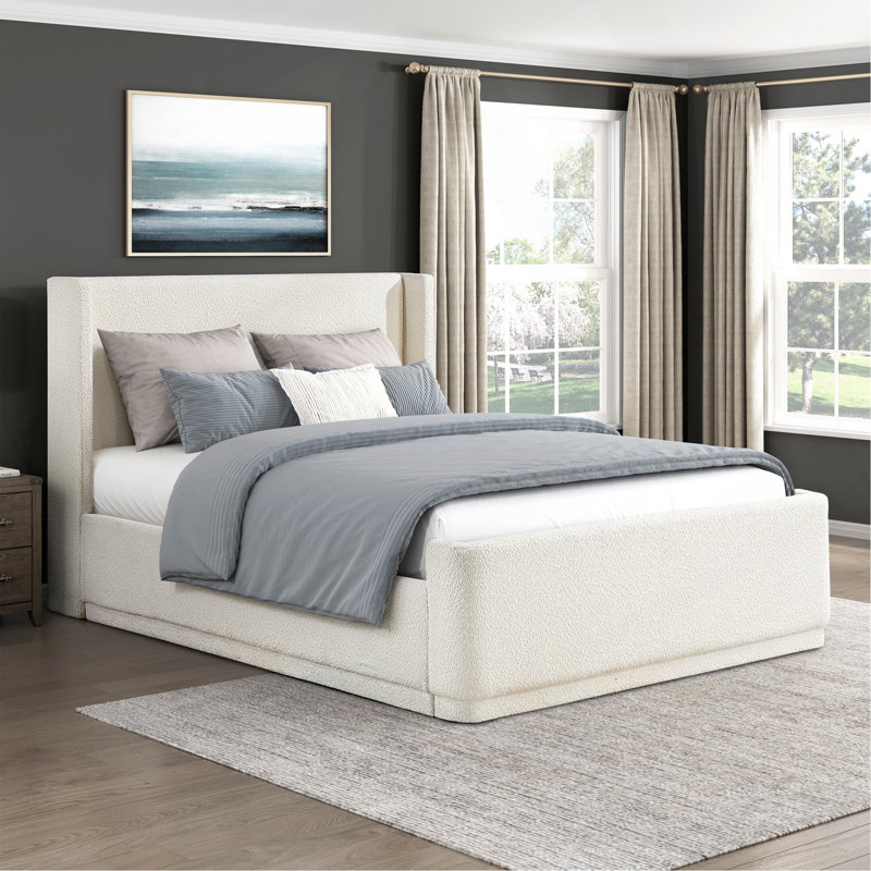 Élégant lit plateforme grand lit 1pc avec tête de lit à oreilles et contreplaqué durable, Beige