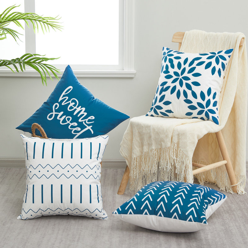 Housse de coussin d'extérieur carré Impression KD125, Bleu clair/blanc