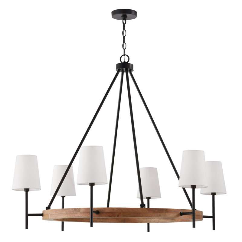 Large Matte Black and Light Wood Chandelier with White Fabric Shades