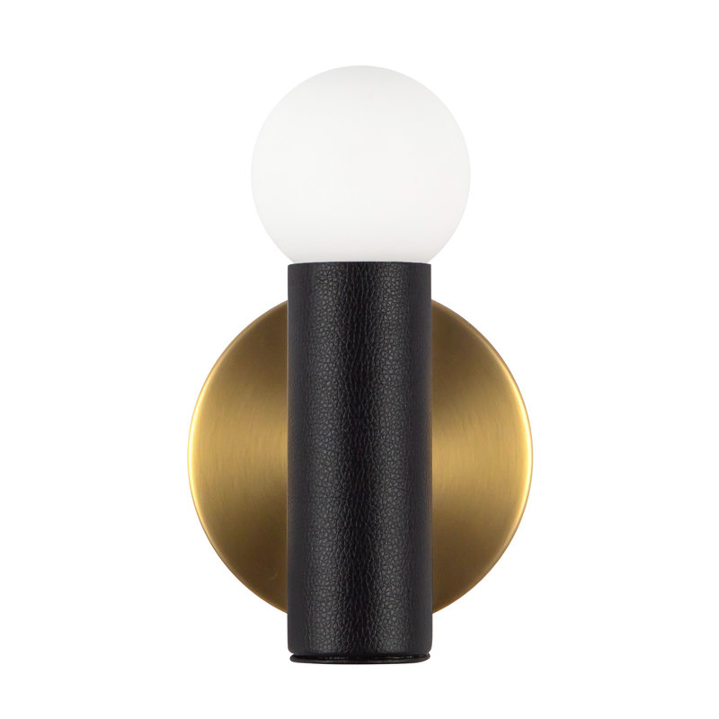 1 - Light Flush Mounted Sconce, Brushed Gold/Black Vegan Leather