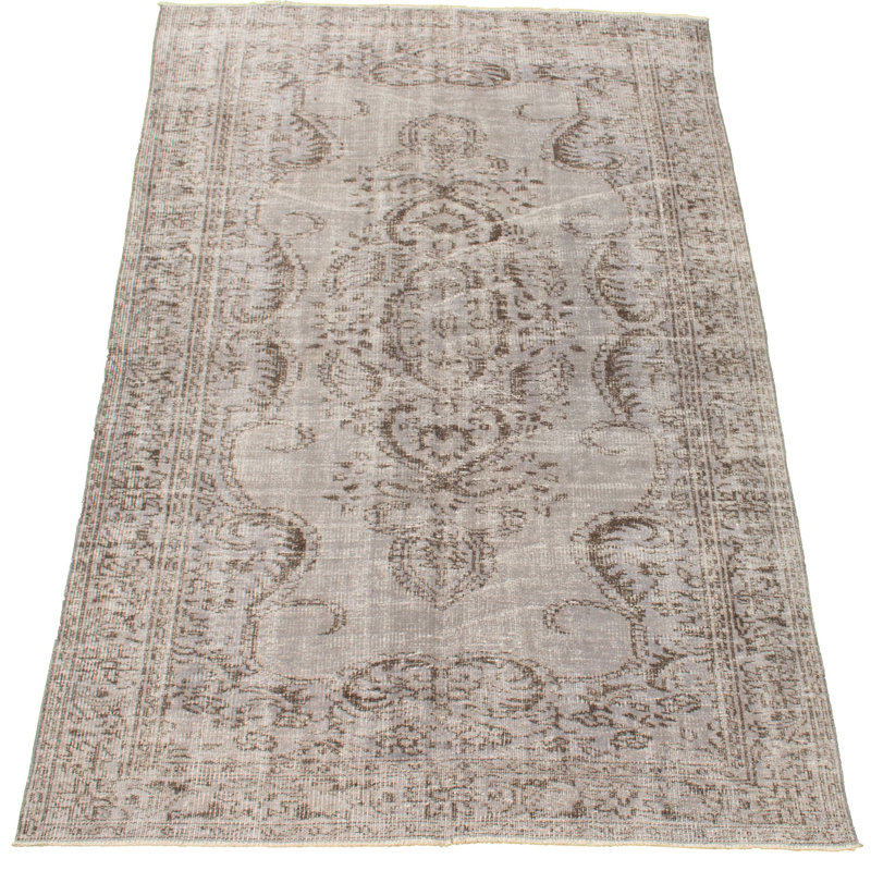 Tapis décoratif gris en laine de conception unique 5 pi 5 po x 8 pi 8 po noué à la main