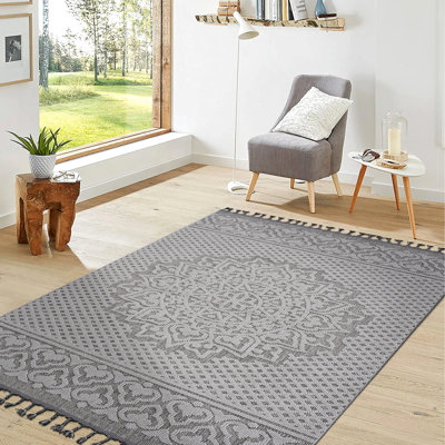 8X10 Gray/White Medallion Outdoor Carpet - Stain , Non-Shedding, Pet- Mat, , Size Options Floor Covering -, , Multiple Colors To Choose From